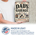 Dad's Garage Projects and Memories metal sign with vintage layout with motor oil can, wrench, screwdriver, badge medallion