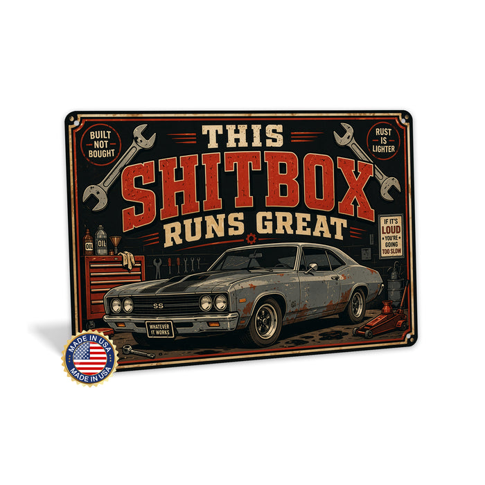 Classic Muscle Car Vintage Garage metal sign with horizontal vintage garage scene with weathered Chevelle SS muscle car