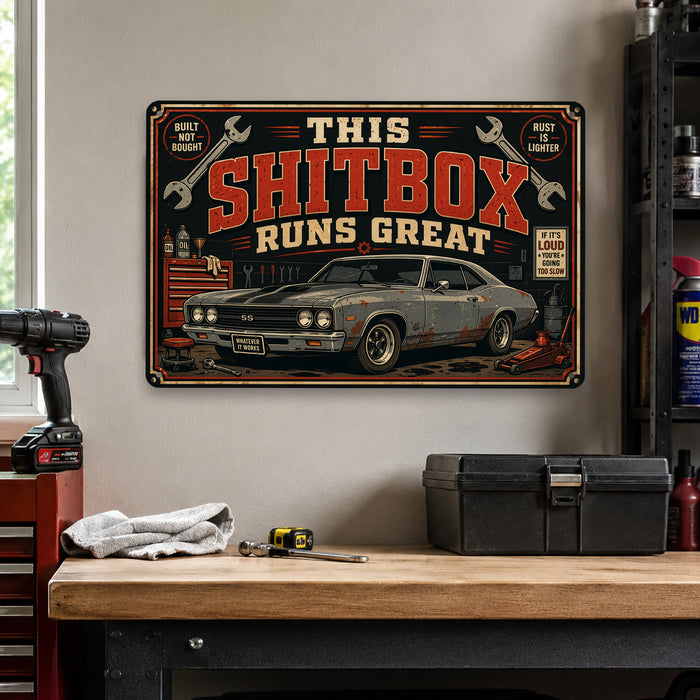 Classic Muscle Car Vintage Garage metal sign with horizontal vintage garage scene with weathered Chevelle SS muscle car