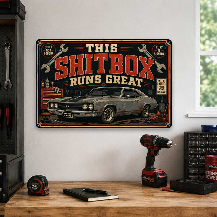 Classic Muscle Car Vintage Garage metal sign with horizontal vintage garage scene with weathered Chevelle SS muscle car