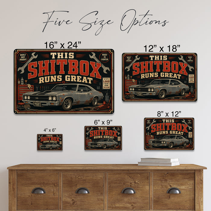 Classic Muscle Car Vintage Garage metal sign with horizontal vintage garage scene with weathered Chevelle SS muscle car