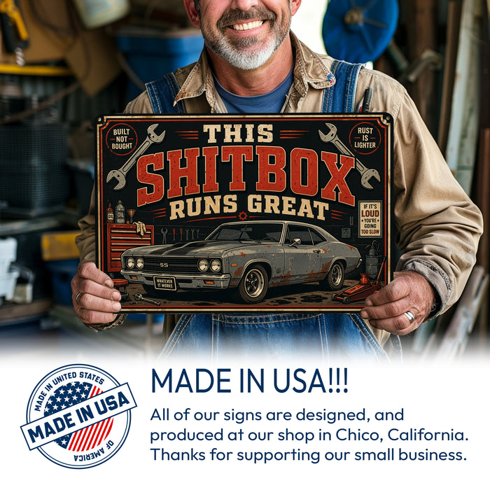 Classic Muscle Car Vintage Garage metal sign with horizontal vintage garage scene with weathered Chevelle SS muscle car