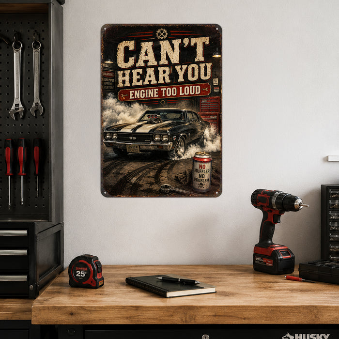 Loud Engine Muscle Car Garage metal sign with vintage layout with blown-engine Chevelle SS, tire smoke, beer can 'NO MUFFLER
