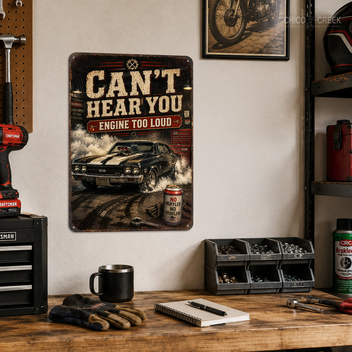 Loud Engine Muscle Car Garage metal sign with vintage layout with blown-engine Chevelle SS, tire smoke, beer can 'NO MUFFLER
