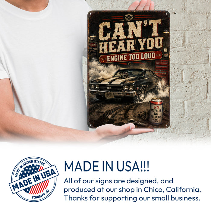 Loud Engine Muscle Car Garage metal sign with vintage layout with blown-engine Chevelle SS, tire smoke, beer can 'NO MUFFLER