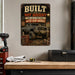 Built Not Bought Truck Garage metal sign with vintage layout with lifted square-body Chevy K10 on mud tires, tool chest
