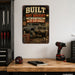 Built Not Bought Truck Garage metal sign with vintage layout with lifted square-body Chevy K10 on mud tires, tool chest