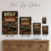 Built Not Bought Truck Garage metal sign with vintage layout with lifted square-body Chevy K10 on mud tires, tool chest