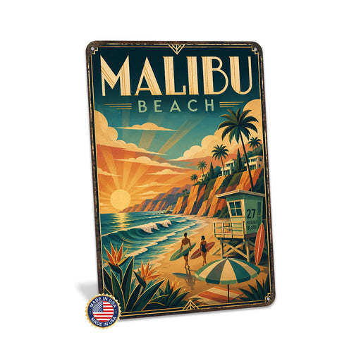 Malibu Beach California metal sign with art-deco vintage travel poster style of Malibu Beach California (california coast)