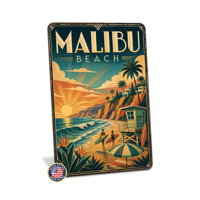 Malibu Beach California metal sign with art-deco vintage travel poster style of Malibu Beach California (california coast)