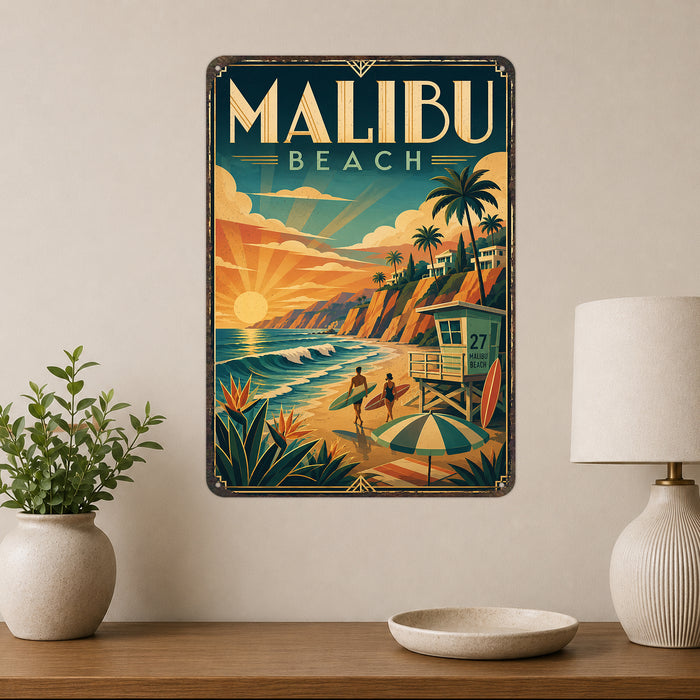 Malibu Beach California metal sign with art-deco vintage travel poster style of Malibu Beach California (california coast)