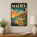 Malibu Beach California metal sign with art-deco vintage travel poster style of Malibu Beach California (california coast)