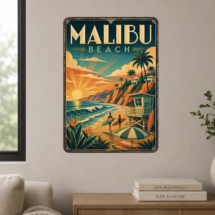 Malibu Beach California metal sign with art-deco vintage travel poster style of Malibu Beach California (california coast)