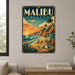 Malibu Beach California metal sign with art-deco vintage travel poster style of Malibu Beach California (california coast)