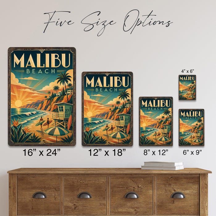 Malibu Beach California metal sign with art-deco vintage travel poster style of Malibu Beach California (california coast)