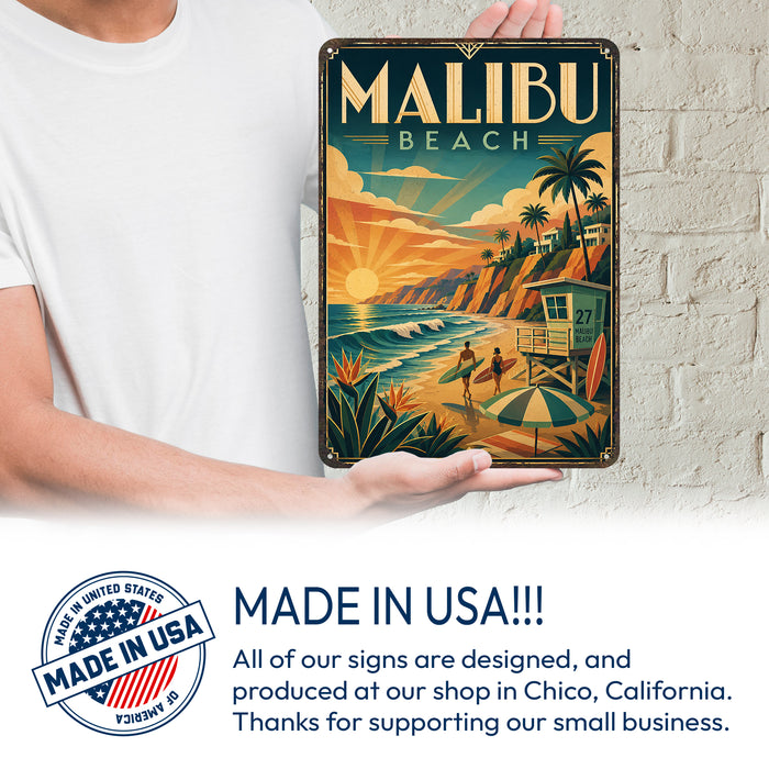 Malibu Beach California metal sign with art-deco vintage travel poster style of Malibu Beach California (california coast)