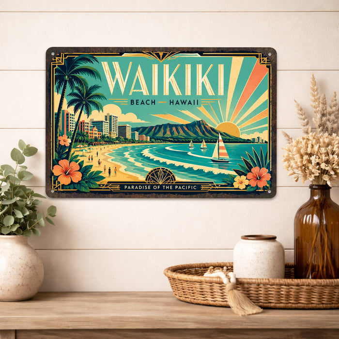 Waikiki Beach Hawaii metal sign with art-deco vintage travel poster style of Waikiki Beach Hawaii (hawaii pacific)