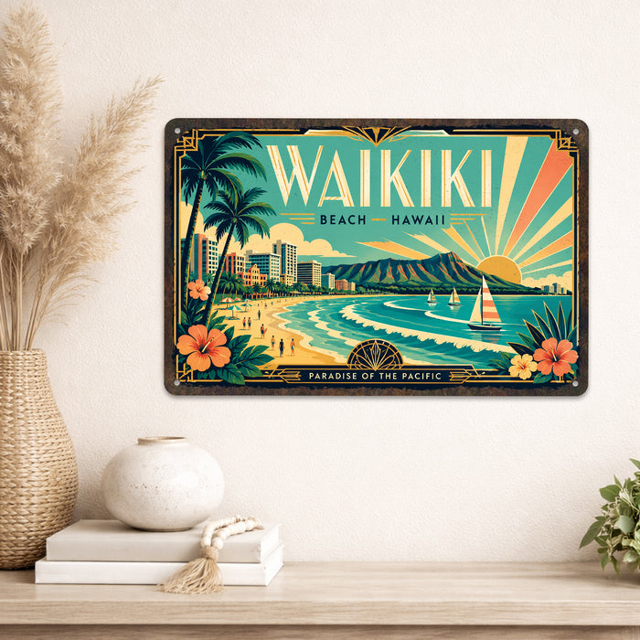 Waikiki Beach Hawaii metal sign with art-deco vintage travel poster style of Waikiki Beach Hawaii (hawaii pacific)