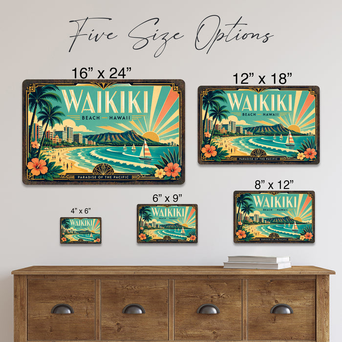 Waikiki Beach Hawaii metal sign with art-deco vintage travel poster style of Waikiki Beach Hawaii (hawaii pacific)