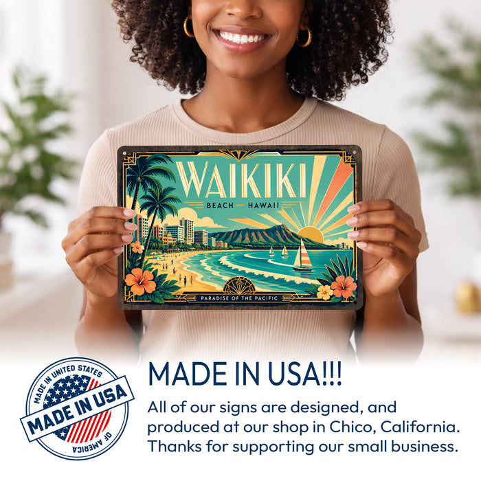 Waikiki Beach Hawaii metal sign with art-deco vintage travel poster style of Waikiki Beach Hawaii (hawaii pacific)