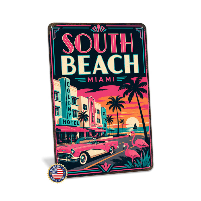 South Beach Miami Florida metal sign with art-deco vintage travel poster style of South Beach Miami Florida (florida