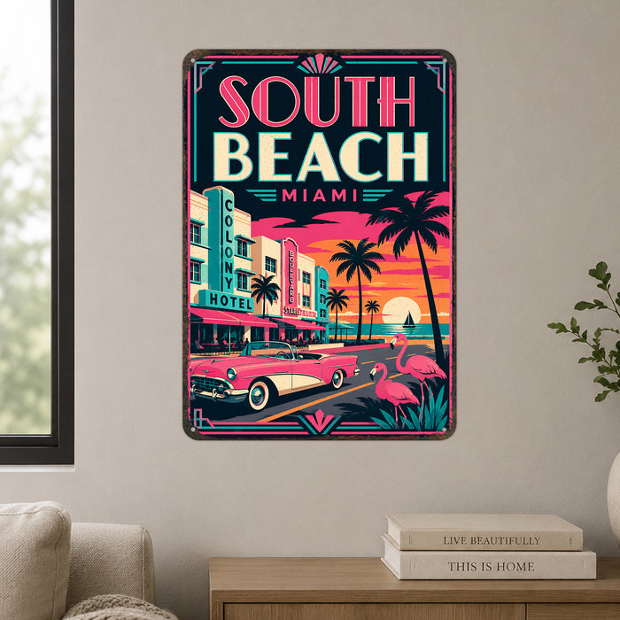 South Beach Miami Florida metal sign with art-deco vintage travel poster style of South Beach Miami Florida (florida