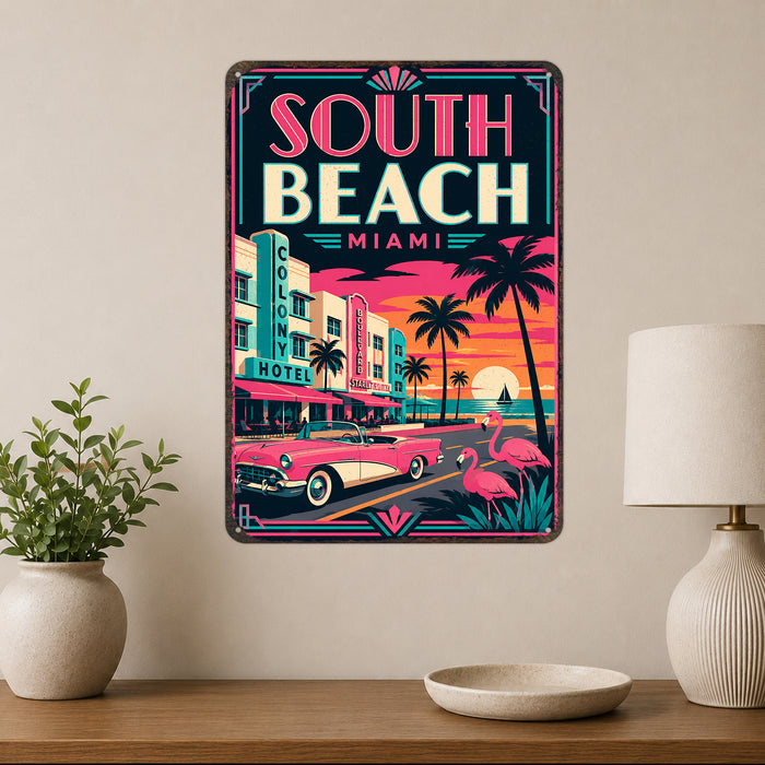 South Beach Miami Florida metal sign with art-deco vintage travel poster style of South Beach Miami Florida (florida