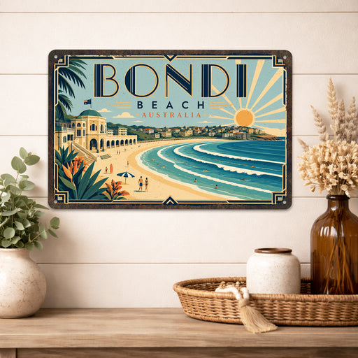 Bondi Beach Australia metal sign with art-deco vintage travel poster style of Bondi Beach Australia (australia sydney)