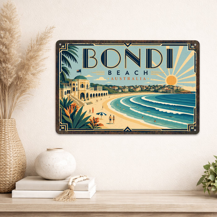 Bondi Beach Australia metal sign with art-deco vintage travel poster style of Bondi Beach Australia (australia sydney)