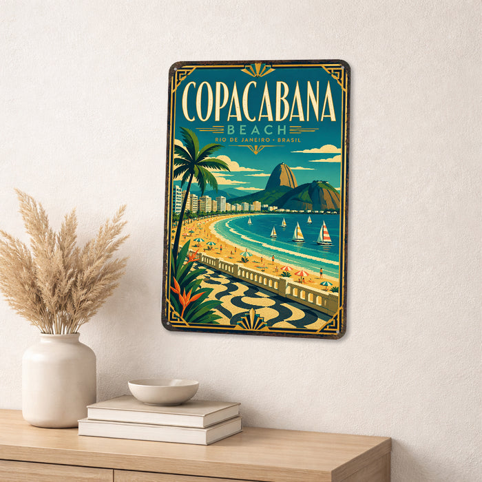 Copacabana Beach Rio de Janeiro metal sign with art-deco vintage travel poster style of Copacabana Beach Rio de Janeiro