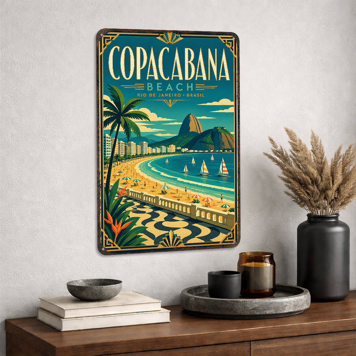 Copacabana Beach Rio de Janeiro metal sign with art-deco vintage travel poster style of Copacabana Beach Rio de Janeiro