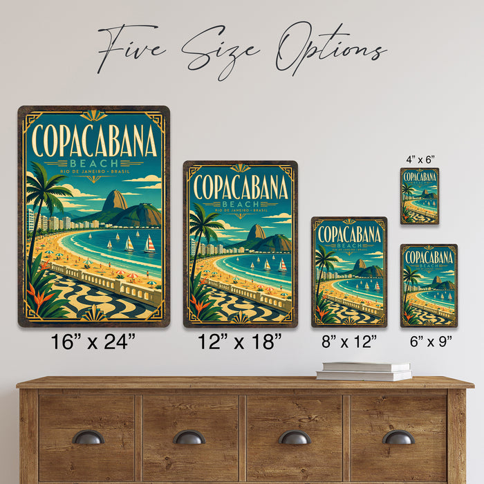 Copacabana Beach Rio de Janeiro metal sign with art-deco vintage travel poster style of Copacabana Beach Rio de Janeiro