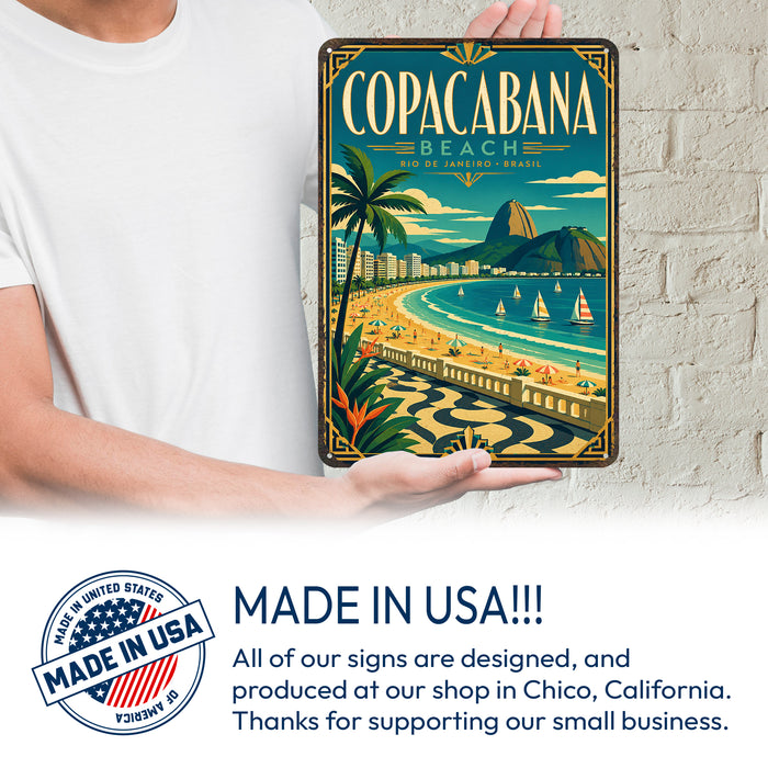 Copacabana Beach Rio de Janeiro metal sign with art-deco vintage travel poster style of Copacabana Beach Rio de Janeiro