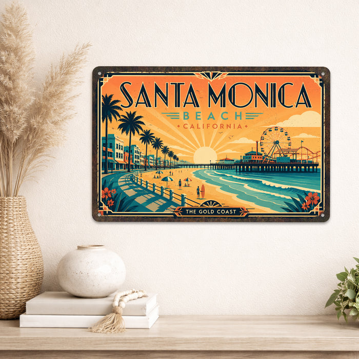 Santa Monica Beach California metal sign with art-deco vintage travel poster style of Santa Monica Beach California