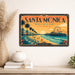 Santa Monica Beach California metal sign with art-deco vintage travel poster style of Santa Monica Beach California