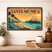 Santa Monica Beach California metal sign with art-deco vintage travel poster style of Santa Monica Beach California