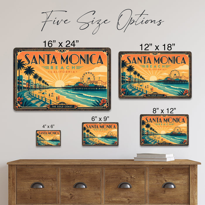 Santa Monica Beach California metal sign with art-deco vintage travel poster style of Santa Monica Beach California