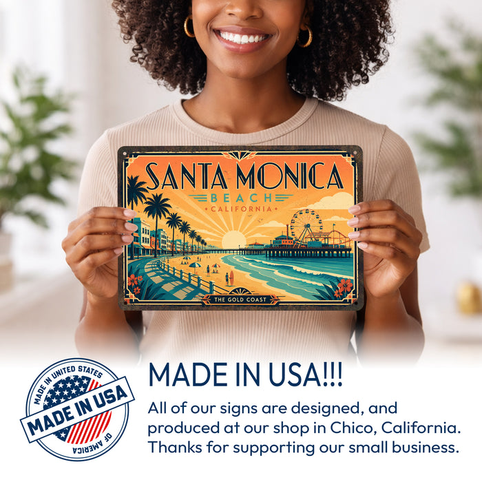 Santa Monica Beach California metal sign with art-deco vintage travel poster style of Santa Monica Beach California