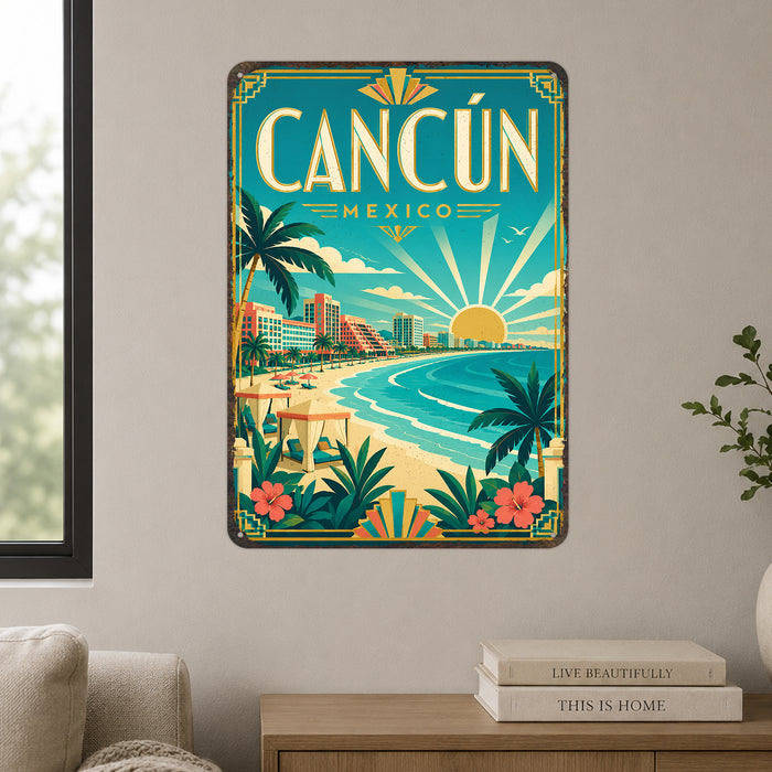 Cancun Mexico metal sign with art-deco vintage travel poster style of Cancun Mexico (mexico caribbean)