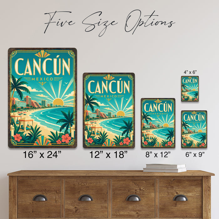 Cancun Mexico metal sign with art-deco vintage travel poster style of Cancun Mexico (mexico caribbean)