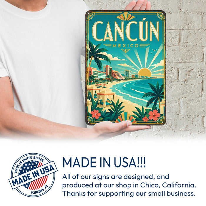 Cancun Mexico metal sign with art-deco vintage travel poster style of Cancun Mexico (mexico caribbean)