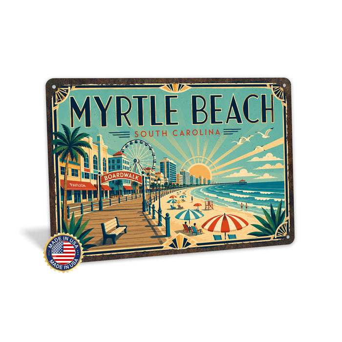 Myrtle Beach South Carolina metal sign with art-deco vintage travel poster style of Myrtle Beach South Carolina (south