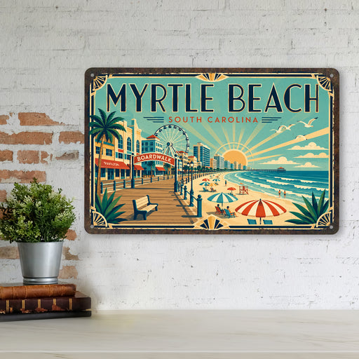 Myrtle Beach South Carolina metal sign with art-deco vintage travel poster style of Myrtle Beach South Carolina (south