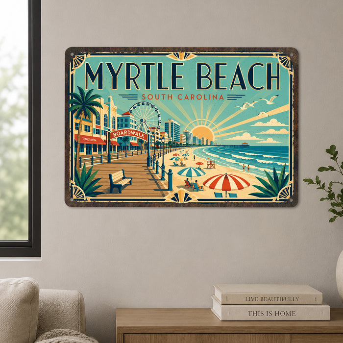 Myrtle Beach South Carolina metal sign with art-deco vintage travel poster style of Myrtle Beach South Carolina (south