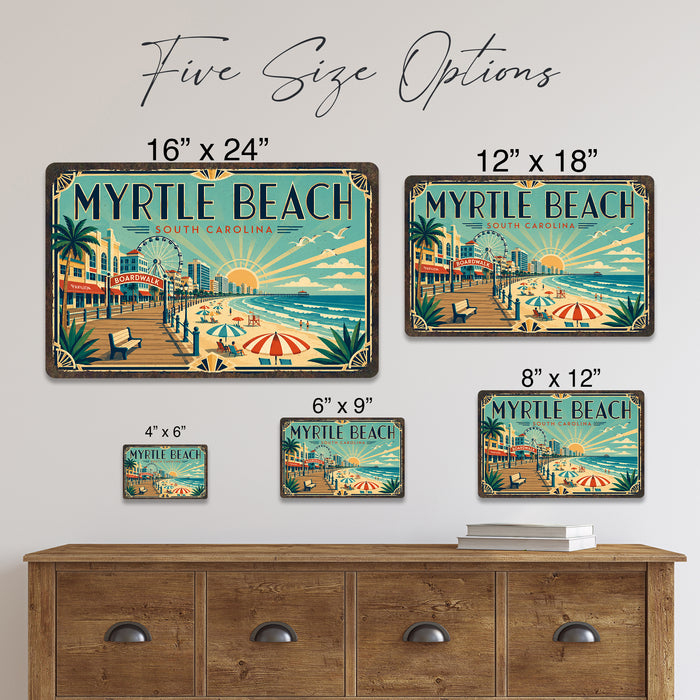 Myrtle Beach South Carolina metal sign with art-deco vintage travel poster style of Myrtle Beach South Carolina (south