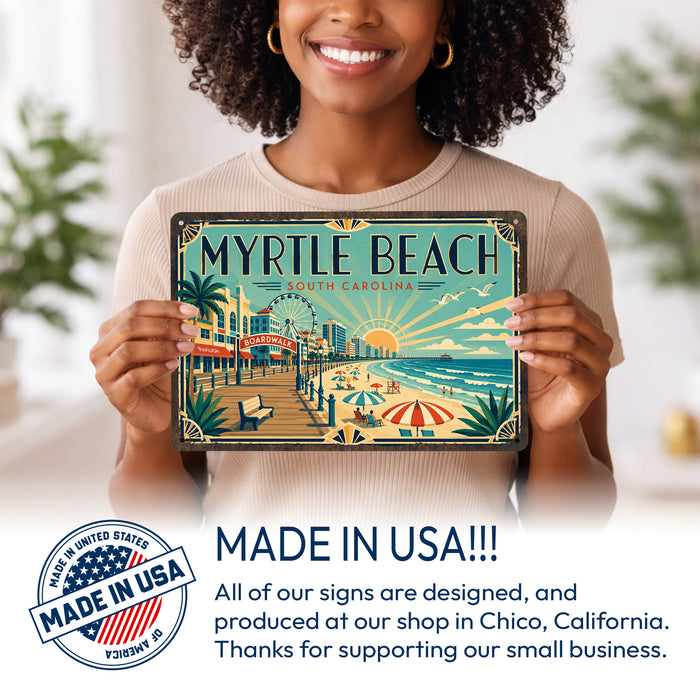 Myrtle Beach South Carolina metal sign with art-deco vintage travel poster style of Myrtle Beach South Carolina (south