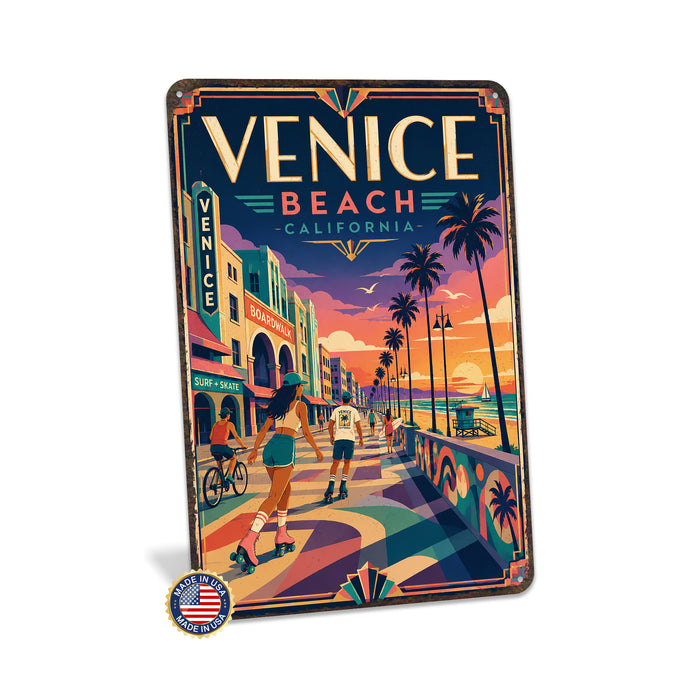 Venice Beach California metal sign with art-deco vintage travel poster style of Venice Beach California (california coast)