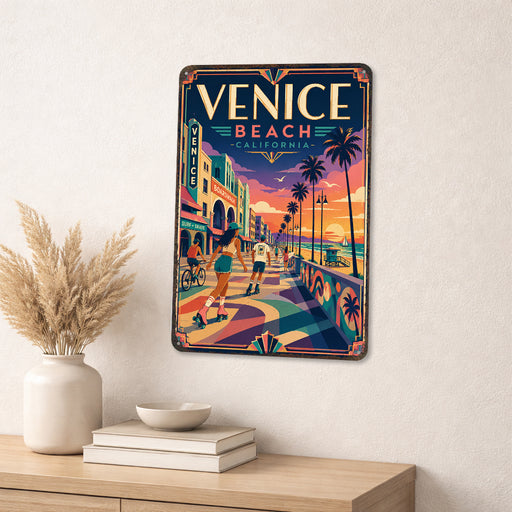 Venice Beach California metal sign with art-deco vintage travel poster style of Venice Beach California (california coast)