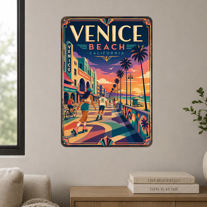Venice Beach California metal sign with art-deco vintage travel poster style of Venice Beach California (california coast)