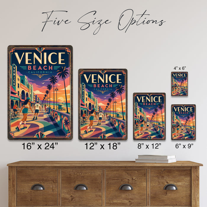 Venice Beach California metal sign with art-deco vintage travel poster style of Venice Beach California (california coast)